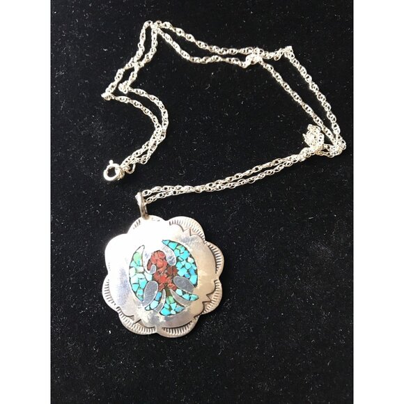Vtg 1960's Peyote Bird Pendant Inlaid Chipped Turquoise & Coral Stamped Sterling - Picture 1 of 10